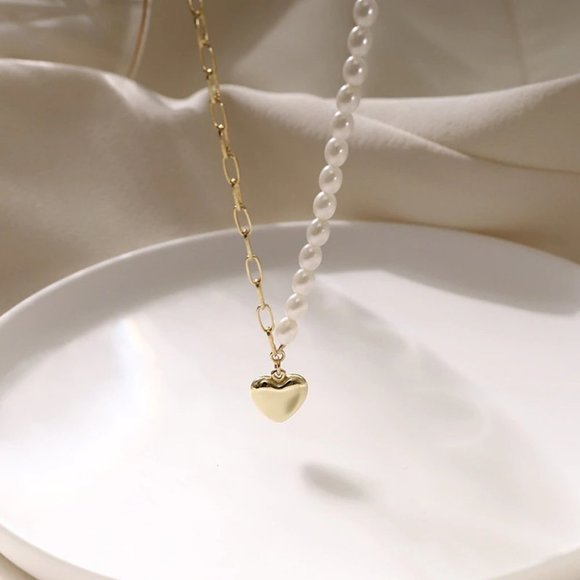 *NEW Yellow Gold Pearl Heart Link Chain Necklace - Picture 7 of 7
